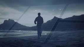 Man pausing on shore as digital scanning overlay emerging around him, raising arms for tech testing. Technology, data visualization, futurism, exploration, innovation, futurist, digital interface - Powered by Shutterstock - Get 15% off with code: PIKWIZARD15