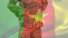 Military soldier adjusting camouflage jacket aligning stance and saluting projected Cameroon flag. Patriotism, discipline, valor, ceremony, uniform, salute, order - Powered by Shutterstock - Get 15% off with code: PIKWIZARD15