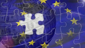 Hand entering and lifting puzzle piece with globe rotating, revealing dollar pattern under EU stars. Global, geopolitics, diplomacy, finance, symbolism, unity, abstract - Powered by Shutterstock - Get 15% off with code: PIKWIZARD15