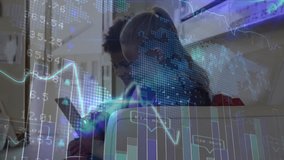 Girls leaning on window bench tapping tablet and analyzing finance data with animated charts. Children, friendship, communication, technology, education, urban, vibrant - Powered by Shutterstock - Get 15% off with code: PIKWIZARD15