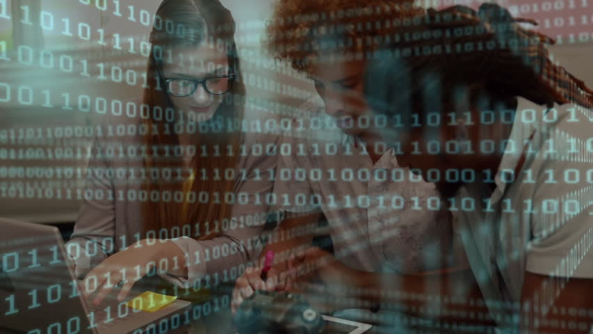 Business colleagues leaning into laptop causing code overlay, man pointing pen, woman jotting notes. Collaboration, teamwork, data, analytics, technology, office, digital - Powered by Shutterstock - Get 15% off with code: PIKWIZARD15