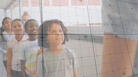Education teacher guiding students down corridor by gesturing forward along railing toward doorway. Classroom, mentorship, leadership, learning, guidance, teamwork, diversity - Powered by Shutterstock - Get 15% off with code: PIKWIZARD15
