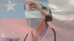 Healthcare professional wearing mask, Chilean flag overlay rippling into drifting clouds. Medical, professionalism, healthcare, healthcare worker, medical industry, medical environment, patriotic - Powered by Shutterstock - Get 15% off with code: PIKWIZARD15