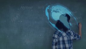 Teenage student reaching chalk, writing speech labels activating bar chart and globe for education. Education, technology, innovation, data visualization, learning, stem, digital - Powered by Shutterstock - Get 15% off with code: PIKWIZARD15