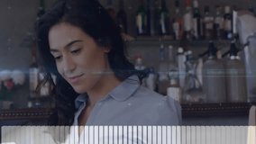 Woman tapping tablet animating data-chart overlays while man typing laptop in café bar tech team. Technology, collaboration, digital, innovation, workspace, communication, modern - Powered by Shutterstock - Get 15% off with code: PIKWIZARD15