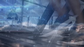 Runner pressing console starting treadmill, viewing pulsing node overlay syncing gait for fitness. Fitness, technology, biomechanics, data visualization, exercise, innovation, motion - Powered by Shutterstock - Get 15% off with code: PIKWIZARD15