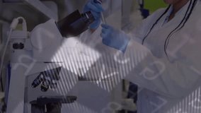 Scientist adjusting microscope and pipetting fluid while overlays highlighting experiment progress. Laboratory, research, innovation, precision, investigation, technology, science - Powered by Shutterstock - Get 15% off with code: PIKWIZARD15