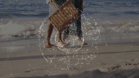 Senior couple stepping on wet sand activating data sphere around legs, basket tracking motion tech. Senior, couple, beach, shoreline, digital, technology, connection - Powered by Shutterstock - Get 15% off with code: PIKWIZARD15