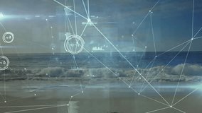 Surfer walking toward shore and activating technology data overlay while applying device on board. Futuristic, coastal, innovative, digital, leisure, outdoor, vibrant - Powered by Shutterstock - Get 15% off with code: PIKWIZARD15