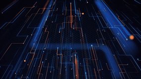 Abstract tech 3D circuit board styled background with fast moving blue and amber nodes streaming digital data. This modern technology motion background is a seamless loop. - Powered by Shutterstock - Get 15% off with code: PIKWIZARD15