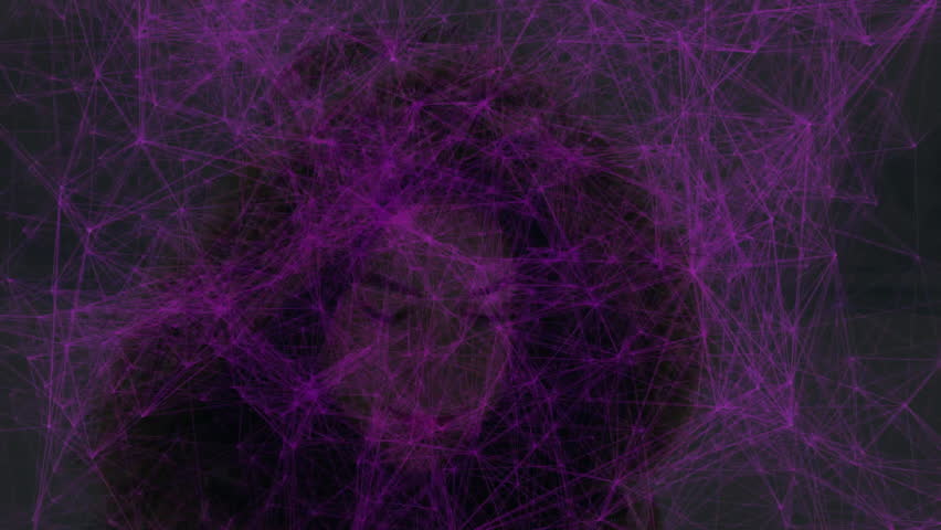 Woman revealing face through thinning purple network overlay, unlocking phone and sending messages. Technology, communication, winterfashion, urban, digital, profession, connectivity
