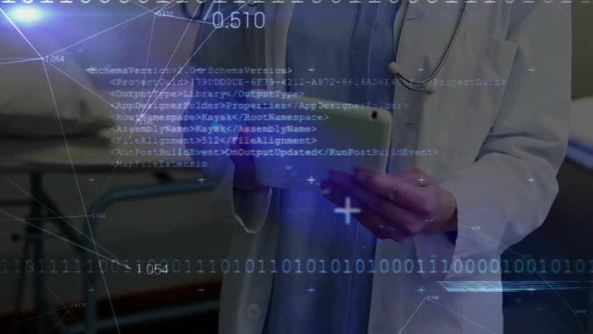female doctor tapping tablet and reviewing patient data in exam room, featuring binary code grid. Medical, healthcare, technology, digital, professional, innovation, clinical - Powered by Shutterstock - Get 15% off with code: PIKWIZARD15