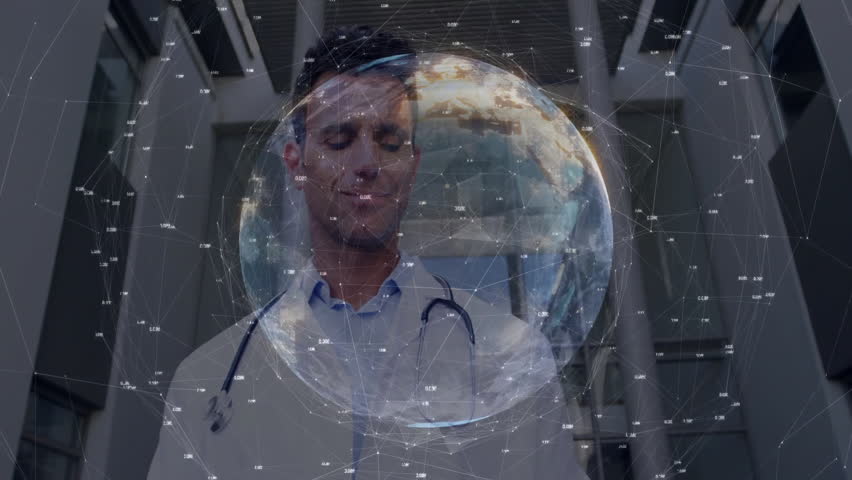 Doctor glancing at tablet, initiating holographic globe with data network, studying health metrics. Technology, innovation, healthcare, futuristic, data visualization, digital, science - Powered by Shutterstock - Get 15% off with code: PIKWIZARD15