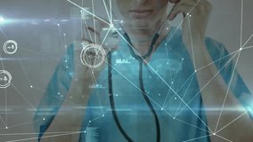 Doctor showing stethoscope and lifting earpieces while health data overlay tracing vital signs. Medical, technology, healthcare, futuristic, digital, diagnostic, clinical - Powered by Shutterstock - Get 15% off with code: PIKWIZARD15