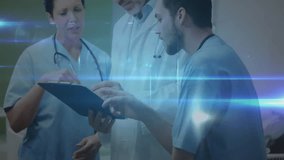 nurse pointing clipboard activating icon network while medical team reviewing file for data mapping. Healthcare, collaboration, technology, digital, innovation, professionalism, connectivity - Powered by Shutterstock - Get 15% off with code: PIKWIZARD15