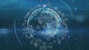 On launch 3D globe rotating while icons emerging and connecting representing global network. Geography, connectivity, innovation, technology, cyber, digital, data - Powered by Shutterstock - Get 15% off with code: PIKWIZARD15