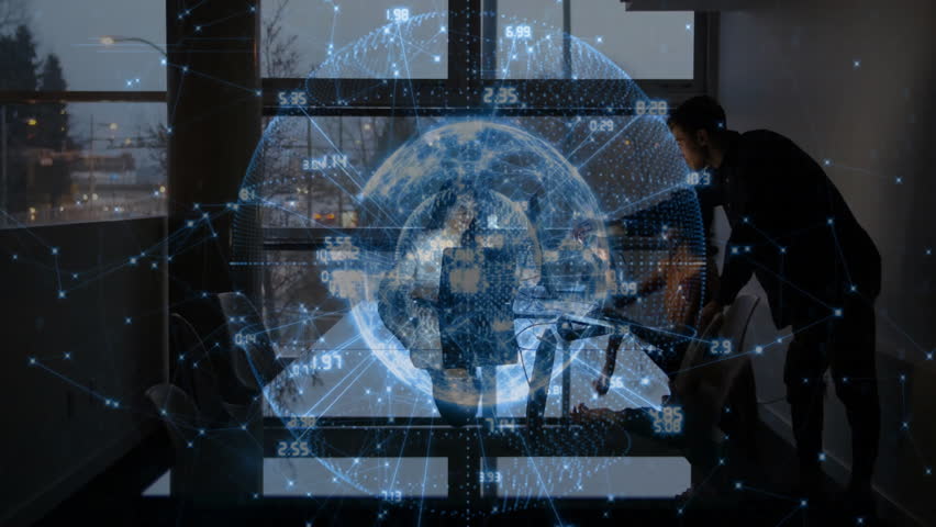 Man pointing at laptop and woman typing generating rotating tech data globe for analysis. Futuristic, innovation, teamwork, digital, technology, collaboration, analytical - Powered by Shutterstock - Get 15% off with code: PIKWIZARD15