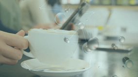 Coffee team steadying cup initiating molecular overlay highlighting technology and swiping tablet. Ceramic, collaboration, modern, digital, workspace, innovative, casual - Powered by Shutterstock - Get 15% off with code: PIKWIZARD15