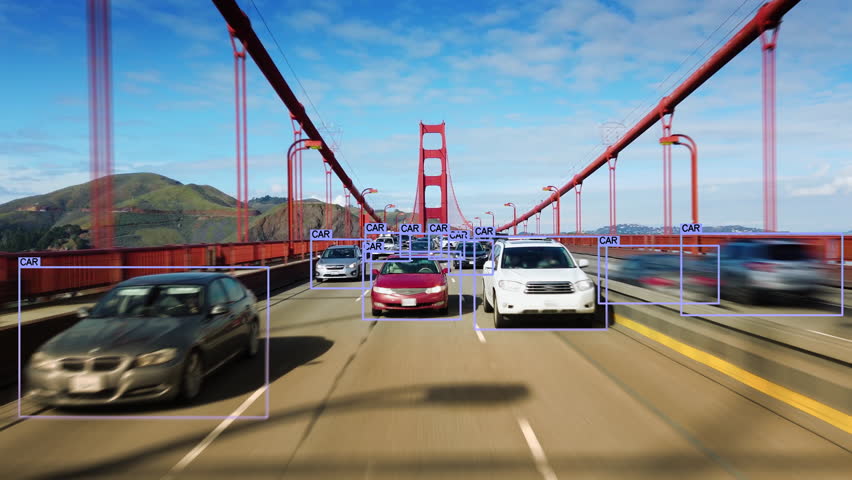 
Computer Vision Object Detection System Creates Boxes To Recognize Objects. Artificial Intelligence Technology Used In Autonomous Vehicles Driving Through Golden Gate Bridge In San Francisco. Car POV