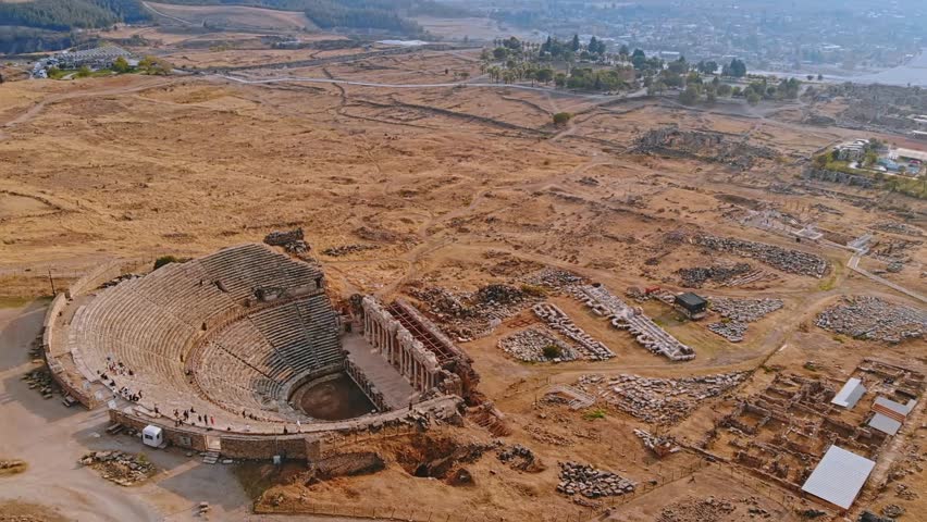Aerial view Pamukkale Ancient amphitheater hierapolis Turkish.