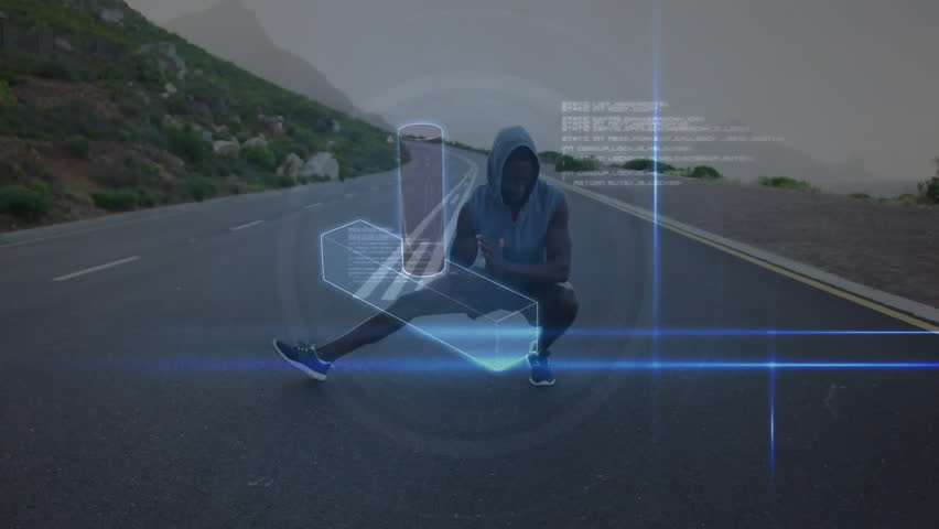 Man performing side-lunge stretch initiating health data blocks forming rotating DNA helix on road. Fitness, technology, innovation, digital, outdoors, vitality, health