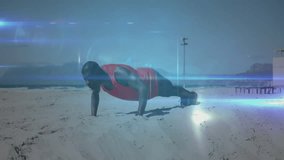 Man performing push-ups on beach each rep activating digital reticle and expanding health network. Athleticism, fitness, digital, network, visualization, outdoor, health - Powered by Shutterstock - Get 15% off with code: PIKWIZARD15