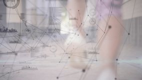 Woman walking corridor as network overlay showing fitness data spiking pace into sprint. Athletic, technology, sportswear, high-energy, modern, determination, urban - Powered by Shutterstock - Get 15% off with code: PIKWIZARD15