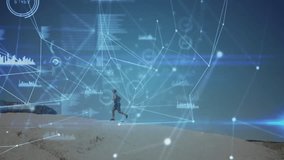 Runner jogging dune crest initiating fitness network overlaying metrics intensifying into data cube. Athletic, digital, futuristic, outdoor, technology, performance, lifestyle - Powered by Shutterstock - Get 15% off with code: PIKWIZARD15