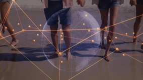 Four friends walking wet shoreline, activating glowing tech mesh sphere enveloping barefoot strides. Friends, shoreline, digital network, connection, camaraderie, beachscape, vibrant - Powered by Shutterstock - Get 15% off with code: PIKWIZARD15