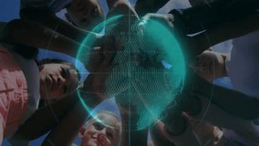 Five children stacking hands creating hologram globe for education rotating scattering particles. Collaboration, teamwork, innovation, youth, unity, technology, outdoor - Powered by Shutterstock - Get 15% off with code: PIKWIZARD15