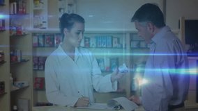 Customer handing prescription bottle to pharmacist initiating data-scan overlay visualizing network. Healthcare, digital, connectivity, technology, medical, network, professional - Powered by Shutterstock - Get 15% off with code: PIKWIZARD15