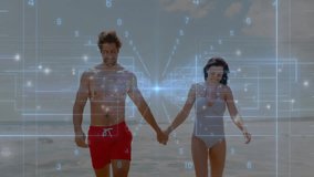 Man and woman walking on beach, joining hands initiating glowing tech overlay showing data pulsing. Romance, couple, connection, technology, digital, futuristic, serenity - Powered by Shutterstock - Get 15% off with code: PIKWIZARD15