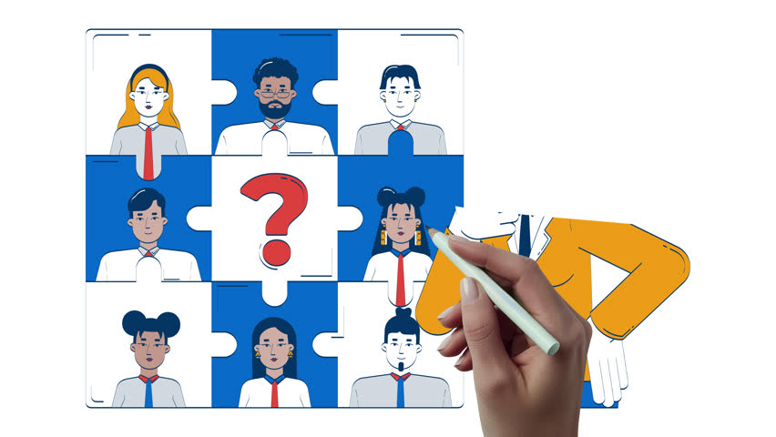 Finding missing piece in HR puzzle problem hand drawn whiteboard animation. Female manager pondering over recruitment challenge animated doodle handdrawn concept pencil drawing 4K video