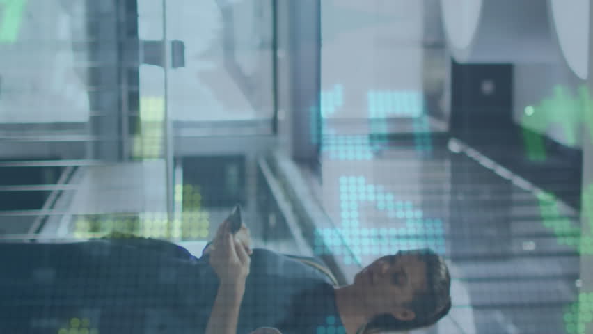 Animation of diverse man looking at smartwatch and woman using cellphone while waiting for elevator. Trading board, digital composite, business, stock market, office and technology concept. - Powered by Shutterstock - Get 15% off with code: PIKWIZARD15