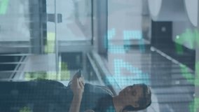 Animation of diverse man looking at smartwatch and woman using cellphone while waiting for elevator. Trading board, digital composite, business, stock market, office and technology concept. - Powered by Shutterstock - Get 15% off with code: PIKWIZARD15