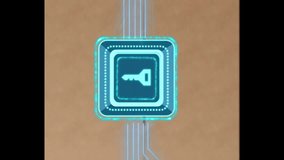 Animation of data processing and key icon with circuit board over cardboard box. Global cyber security, connections, computing and data processing concept digitally generated video. - Powered by Shutterstock - Get 15% off with code: PIKWIZARD15
