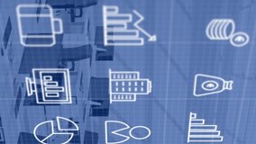 Animation of business icons over desks with computers on blue background. Global busienss, social media, office and digital interface concept digitally generated video. - Powered by Shutterstock - Get 15% off with code: PIKWIZARD15