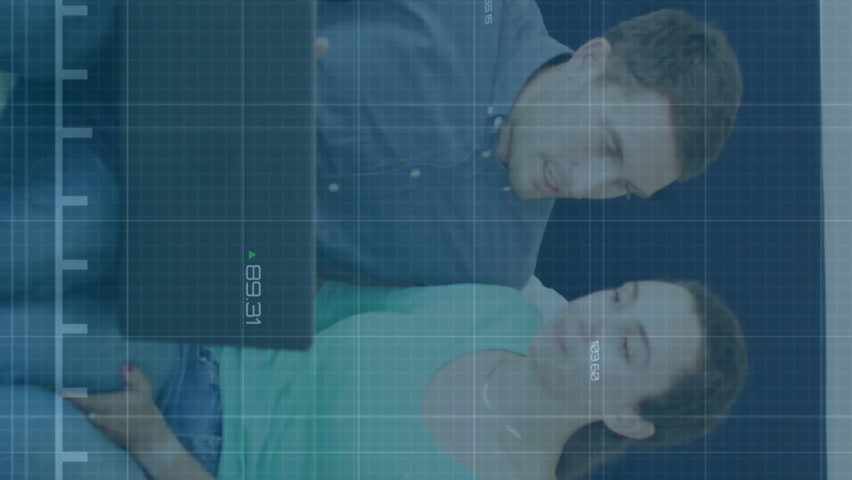 Financial graph animation over couple with laptop and dog on bed. Finance, technology, pet, bedroom, data, analysis - Powered by Shutterstock - Get 15% off with code: PIKWIZARD15