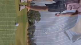 Preparing to putt, golfer with financial data animation overlay on screen. sports, finance, analytics, data visualization, business, analysis - Powered by Shutterstock - Get 15% off with code: PIKWIZARD15