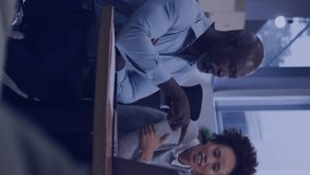 Discussing work, business professionals in office with data processing animation overlay. collaboration, analysis, strategy, innovation, teamwork, technology - Powered by Shutterstock - Get 15% off with code: PIKWIZARD15