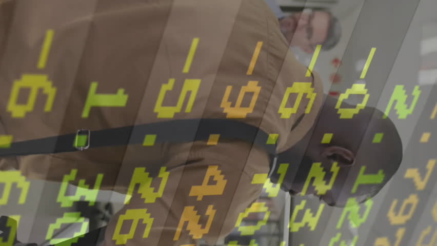 Animation overlaying stock market data with business professionals working in office. Finance, economy, teamwork, analytics, trading, corporate - Powered by Shutterstock - Get 15% off with code: PIKWIZARD15