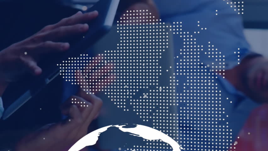 Business professionals in office using digital devices with world map animation. technology, collaboration, global, network, teamwork, communication - Powered by Shutterstock - Get 15% off with code: PIKWIZARD15