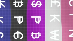 Currency symbols animation over gradient background of pink, white, purple, and black. Finance, economy, global, money, business, digital - Powered by Shutterstock - Get 15% off with code: PIKWIZARD15