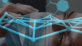 Person wearing mask with digital DNA and data processing animation overlay. Technology, cybersecurity, innovation, artificial intelligence, protection - Powered by Shutterstock - Get 15% off with code: PIKWIZARD15