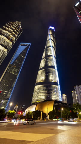 SHANGHAI, CHINA - 18 MAY 2025 : Timelapse of the Shanghai city skyline from a high vantage point in vertical
