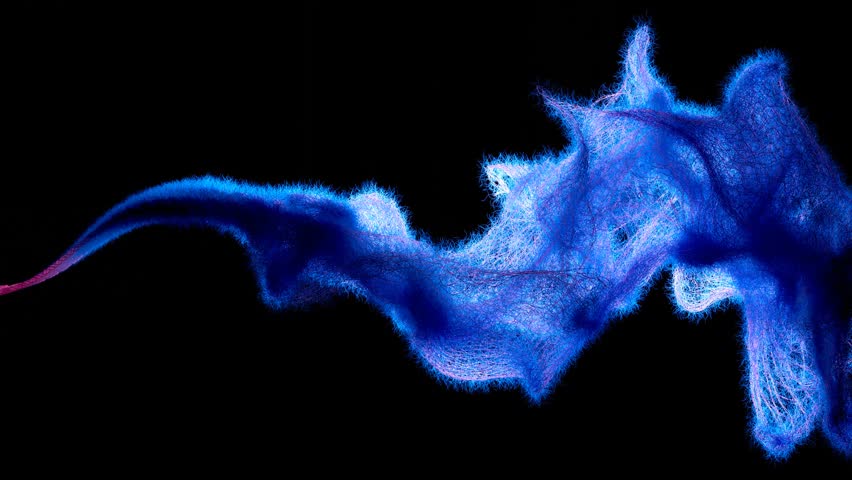 3d render of abstract art video with surreal textile drape in fluffy wool material in deformation transformation process in curved waved lines forms in purple and blue gradient color on black back 