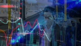 Man tapping tablet on bus monitoring live finance graphs bars shifting over translucent world map. Technology, analytics, mobile, data visualization, urban, professional, communication - Powered by Shutterstock - Get 15% off with code: PIKWIZARD15