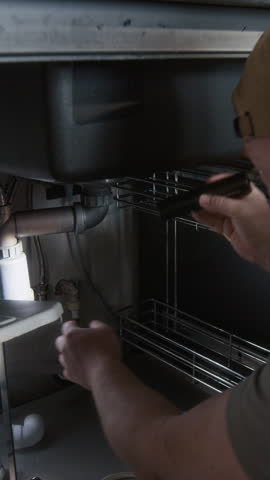 Vertical shot of maintenance worker using flashlight while fixing pipes under kitchen sink with water filtering system