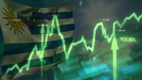 Opening Uruguay flag waving with green chart undulating amid digital rain and arrows showing gains. Patriotism, finance, technology, digital, economy, investment, data visualization - Powered by Shutterstock - Get 15% off with code: PIKWIZARD15