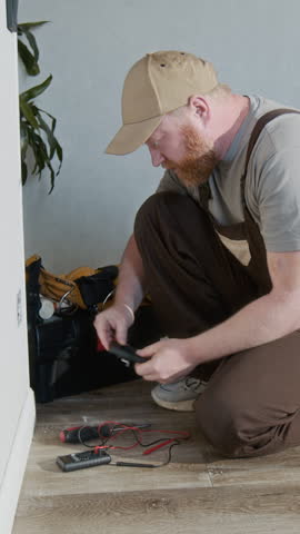 Vertical closeup shot of unrecognizable home maintenance technician fixing electric socket